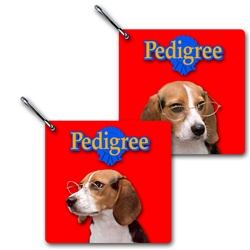 Lenticular zipper with custom design, Pedigree food company, beagle breed dog with gold rimmed glasses, tilts head side to side, flip