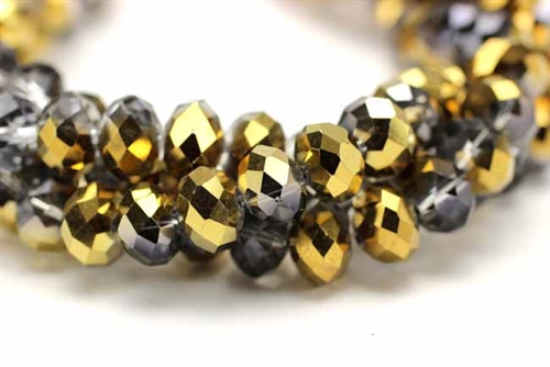 Bead, Crystal, Rondelle, Faceted, 8MM X 10MM, Gray, 1/2 Gold Metallic