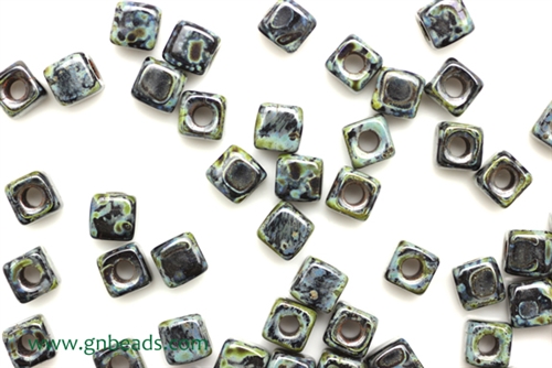 6/0 Cubix 4MM Czech Beads / Black Picasso