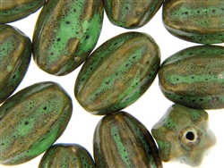 Dark Green Earth Tone Porcelain Beads / Large Fluted Oval