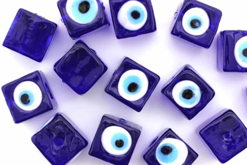 Bead, Evil Eye, Lampworked Glass, 12MM, Cube, Cobalt Blue