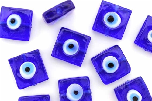 Bead, Evil Eye, Lampworked Glass, 15MM, Flat Square, Cobalt Blue