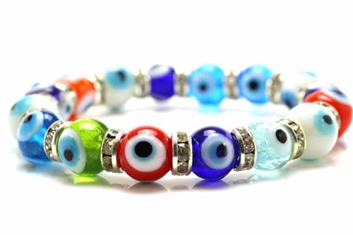 Evil Eye, Bead, Stretch Bracelet, 8 Inch, Round, Rhinestone Rondelle, Multi Colored