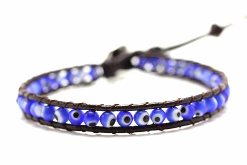 Evil Eye Bead Leather Wrap Bracelet / Blue,10In