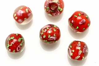 Lampwork Glass Bead / 12MM Round,Crystal,Red,Pink Flower