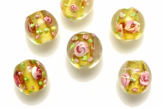 Lampwork Glass Bead / 12MM Round,Crystal,Yellow,Pink Flower