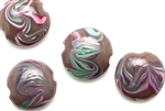 Lampwork Glass Bead / 17MM Lentil,Dark Purple,Pink & Green Swirl