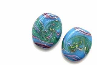 Lampwork Glass Bead / 20MM Flat Oval Blue,Gold Fleck