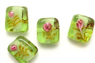 Lampwork Glass Bead / 16MM Rectangle Flower,Green