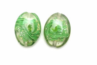 Lampwork Glass Bead / 26MM Flat Oval,Crystal,Green,Gold & Silver Foil