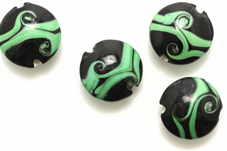 Lampwork Glass Bead / 20MM Lentil,Black Green