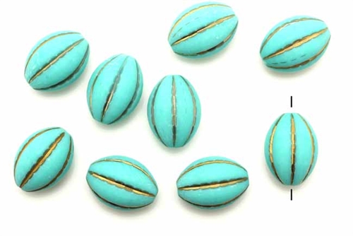 Bead, German Acrylic, Vintage, 16MM, Oval, Turquoise Blue, Gold
