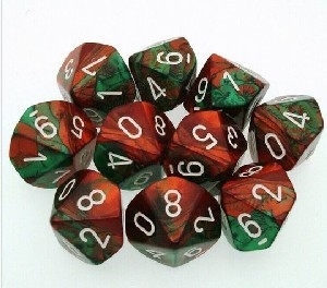 Chessex Dice - Gemini Green-Red w white set of 10 x D10s