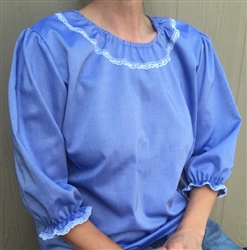 Ladies Peasant Blouse Blue Oxford cotton with lace XL 18 20