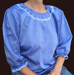Ladies Peasant Blouse Blue Oxford cotton with lace size XL 18 20