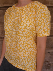 Ladies Peasant Blouse Yellow Gold Floral Rayon XL 18 20