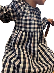 Girl Peasant Dress Navy Blue & Red Plaid cotton size 4 X-long