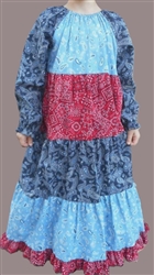 Girl Patchwork Dress Tiered Bandana Blue & Red Floral size 5 X-long