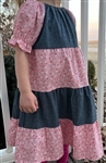 Girl Tiered Dress Pink Floral & Chambray cotton size 3 X-long