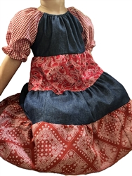 Girl Tiered Dress Western Red, White & Blue Denim  size 3 X-long