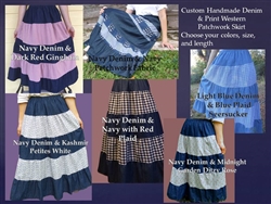 Ladies Skirt 5 Tiered Western Denim and Cotton Florals & Stripes Custom Patchwork all sizes