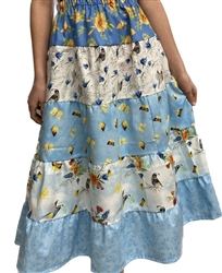 Girl Tiered Skirt Patchwork Birds & Blue Florals cotton size L 12 14