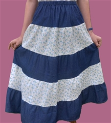 Girl Tiered Skirt Patchwork Navy Denim & floral cotton size L 12 14 X-long