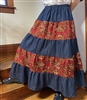 Ladies Skirt denim Red Floral Western  Patchwork Tiered  size L 14 16 Tall