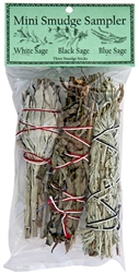 Wholesale Mini Smudge Sampler 4"L (White Sage, Black Sage, Blue Sage)(Pack of 3)