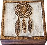 Wholesale Wooden Carved  Box - Dream Catcher Antiqued 7.5"x 7.5"