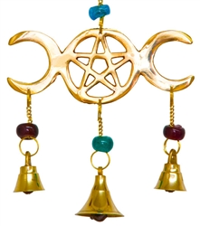 Wholesale Brass Wind Chime With Beads - Triple Moon 9"L