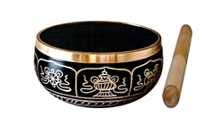 Wholesale 8 Lucky Symbols Brass Tibetan Singing Bowl - Black 4"D