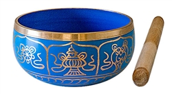 Wholesale 8 Lucky Symbols Brass Tibetan Singing Bowl - Blue 5"D