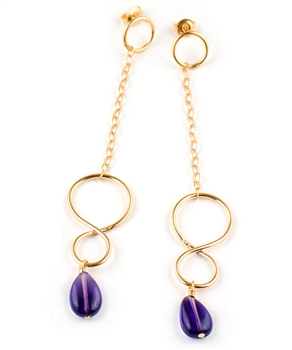 Long Gold Earrings with Amethyst Gemstones