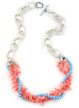 Coral and Turquoise Beads Necklace and Steel Chain by Amor Fati - EXCLUSIVE