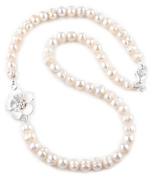 White Freshwater Pearls & Silver Flower Charm Necklace by Chou