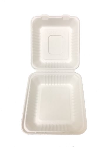 Bagasse Hinged Lid Container,  Deep Medium 7.875 X 8 X 3.19" - 200/Cs (2 X 100)