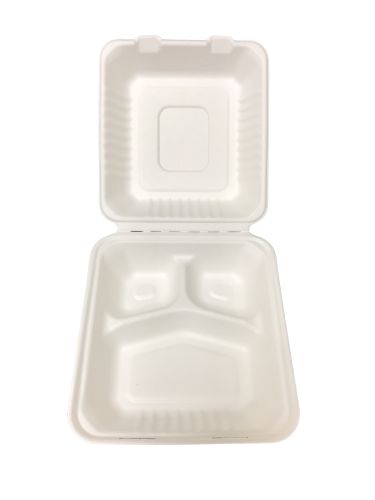 Bagasse Hinged Lid Container,  Deep Medium 3-Section 7.875 X 8 X 3.19" - 200/Cs (2 X 100)