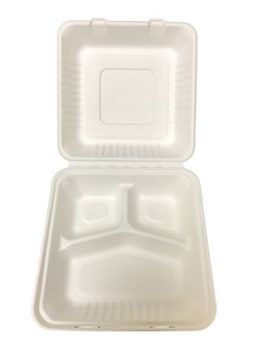 Bagasse Hinged Lid Container -  Large 3-section 9 x 9 x 3.19" - 200/Cs (2 X 100)