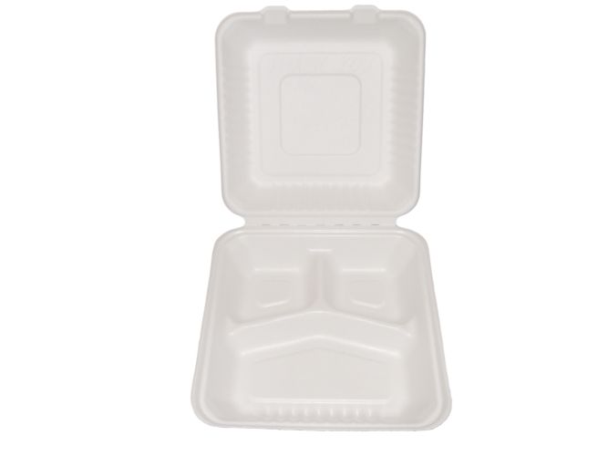 Bagasse Hinged Lid Container,  Large 3-Section 9 X 9 X 3.19"-Pla Lined - 160/Cs (2 X 80)