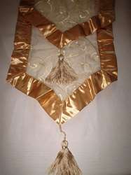 Sample Embroidered Table Runner 13" x 108" Satin Border, Tassles, Pointed Ends