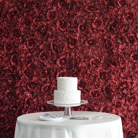 11 Sq ft. 4 Panels 3D Silk Rose & Hydrangea Flower Wall Mat Backdrop - Burgundy