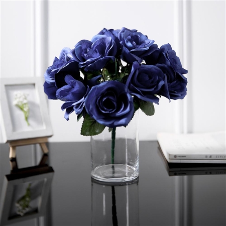 14 PCS Navy Blue Velvet Roses Artificial Flower Bouquet