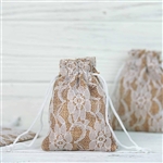3"x4" Rustic Burlap and Floral Lace Drawstring Favor Bags - 10 Pack