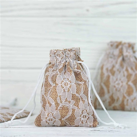 3"x4" Rustic Burlap and Floral Lace Drawstring Favor Bags - 10 Pack