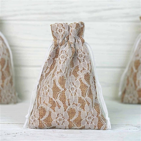 4"x6" Rustic Burlap and Floral Lace Drawstring Favor Bags - 10 Pack
