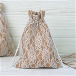 5"x7" Rustic Burlap and Floral Lace Drawstring Favor Bags - 10 Pack