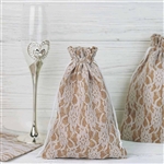 6"x9" Rustic Burlap and Floral Lace Drawstring Favor Bags - 10 Pack