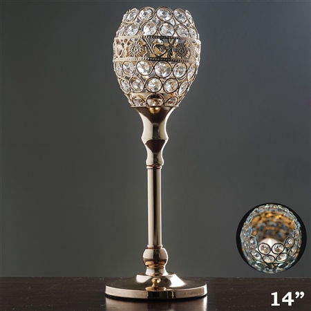 14" Tall Crystal Beaded Candle Holder Goblet Votive Tealight - Gold
