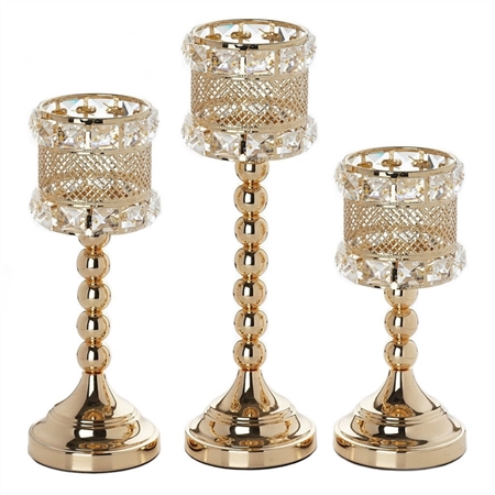 Crystal Beaded Gold Votive Candle Holder Wedding Chandelier Centerpiece - Set of 3